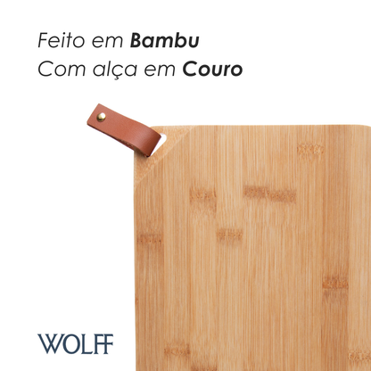 Tábua de Corte Retangular com Alça em Couro Ecológico 31cm x 21cm x 1cm Bambu - Wolff