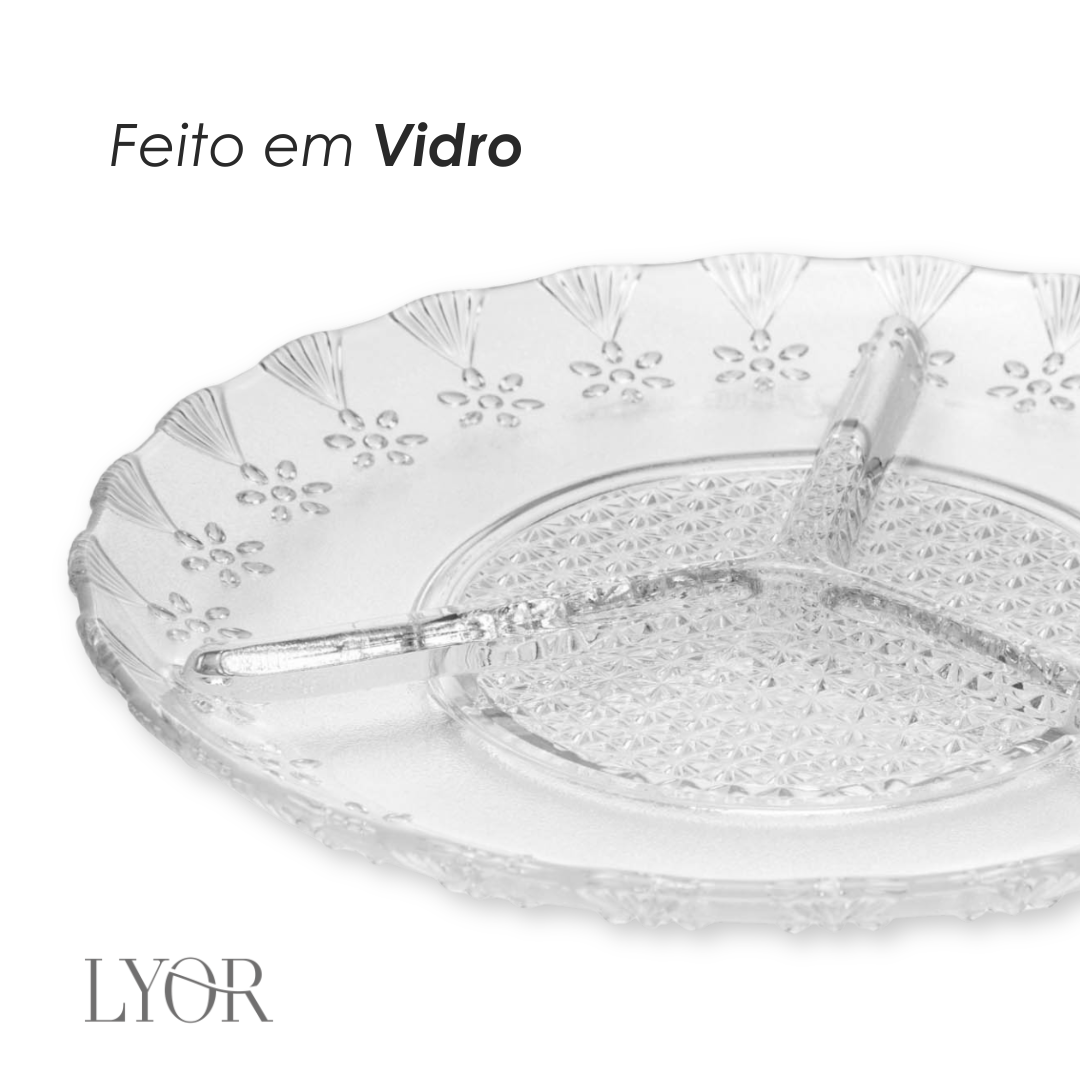 Petisqueira de Vidro com 3 Divisórias Floral 19,5cm - Lyor