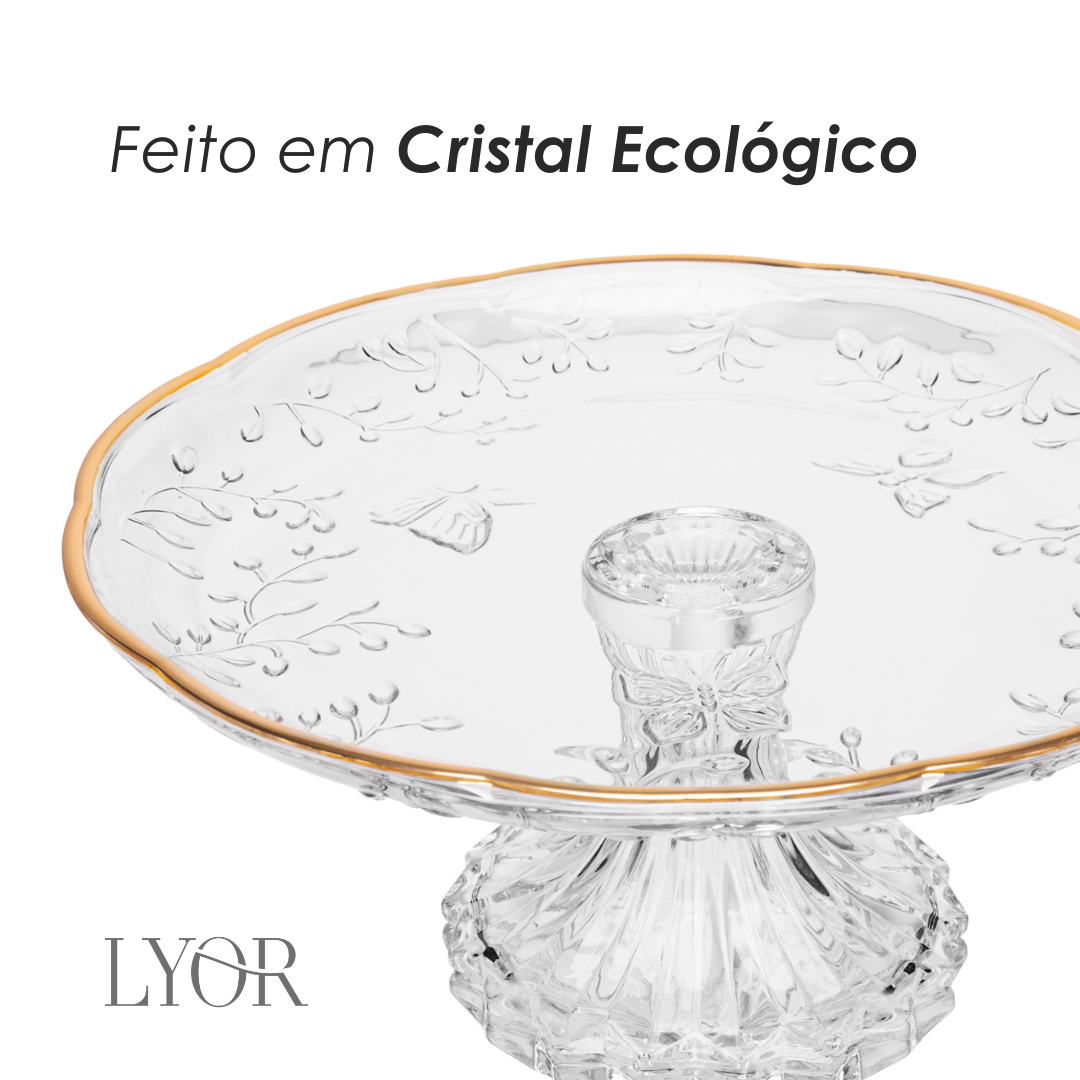 Prato para Bolo com Pé New Butterfly com Fio de Ouro 26,5cm x 27cm x 12cm Cristal Ecológico - Lyor