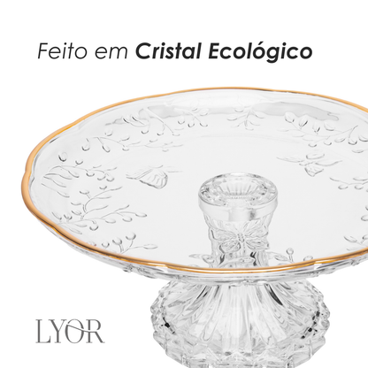 Prato para Bolo com Pé New Butterfly com Fio de Ouro 26,5cm x 27cm x 12cm Cristal Ecológico - Lyor