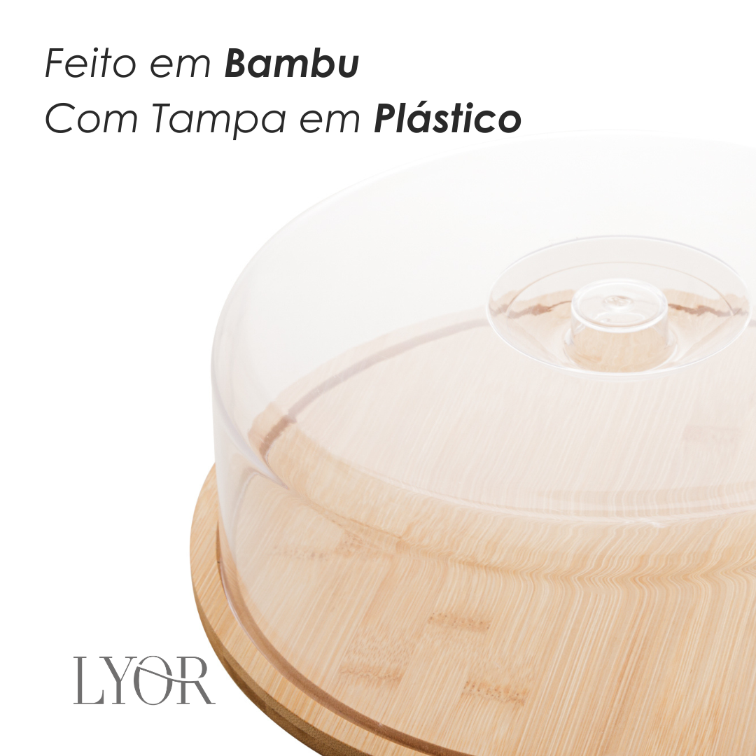 Boleira de Bambu com Tampa em Plástico 28cm x 28cm x 9,5cm - Lyor