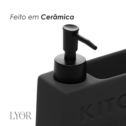 Porta Detergente Líquido com Suporte para Esponja Soft Touch Cinza 380ml Cerâmica - Wolff