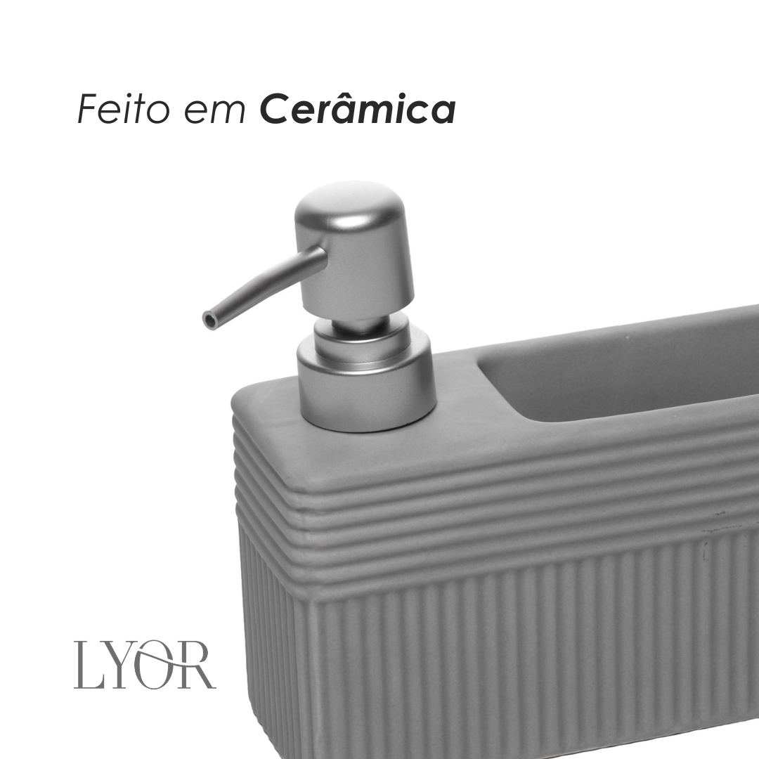 Porta Detergente Líquido com Suporte para Esponja Velinea 490ml Cinza Cerâmica - Lyor