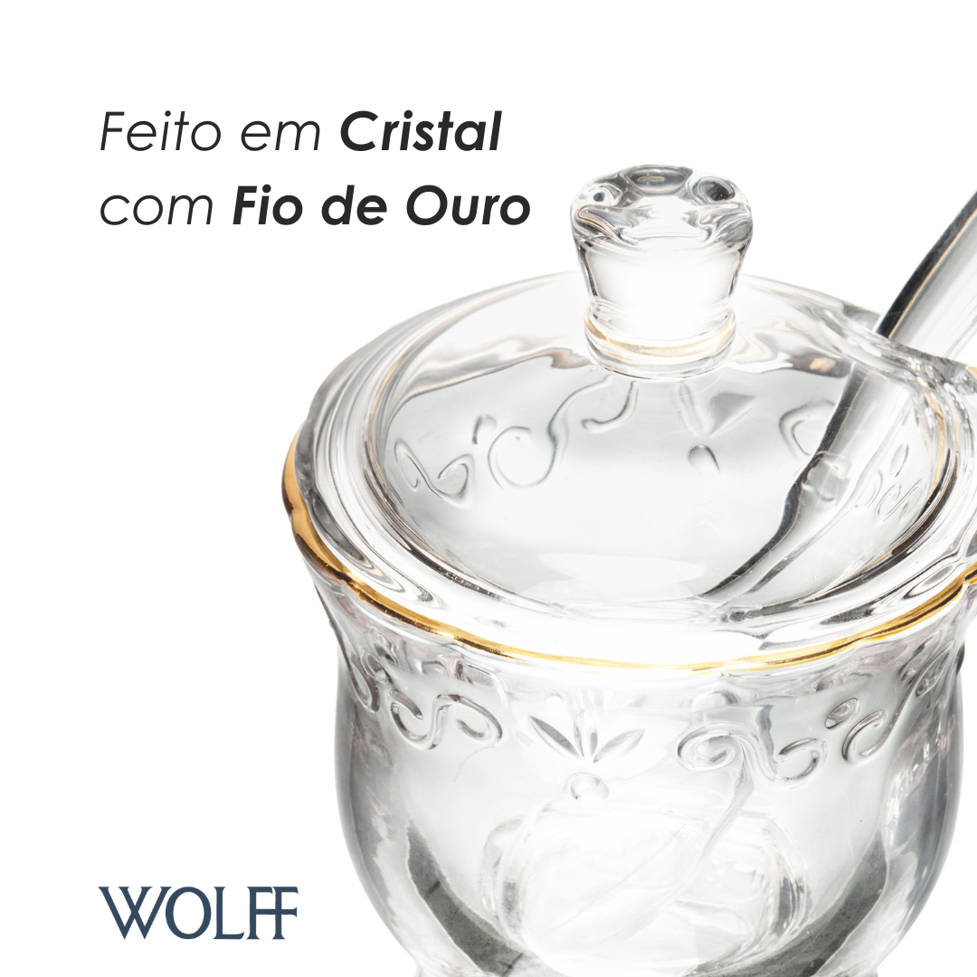 Açucareiro com Tampa e Colher com Fio de Ouro Serena 180ml Cristal - Wolff