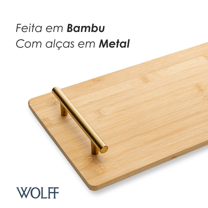 Bandeja com Alça de Metal Dourada Seattle 39cm x 21cm Natural Bambu- Wolff