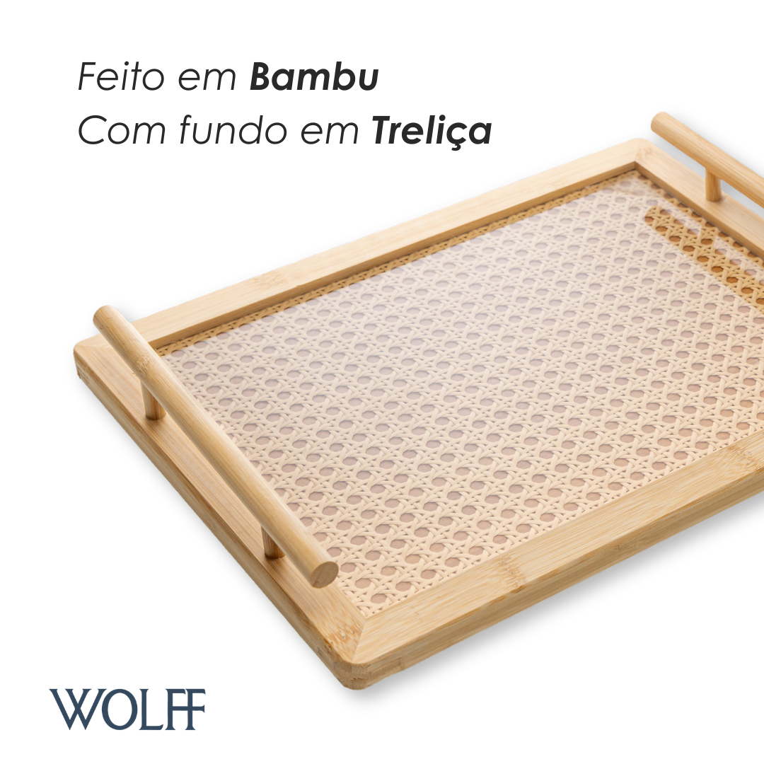 Bandeja com Alça e Fundo em Treliça 39cm x 29cm x 5cm Bambu - Wolff