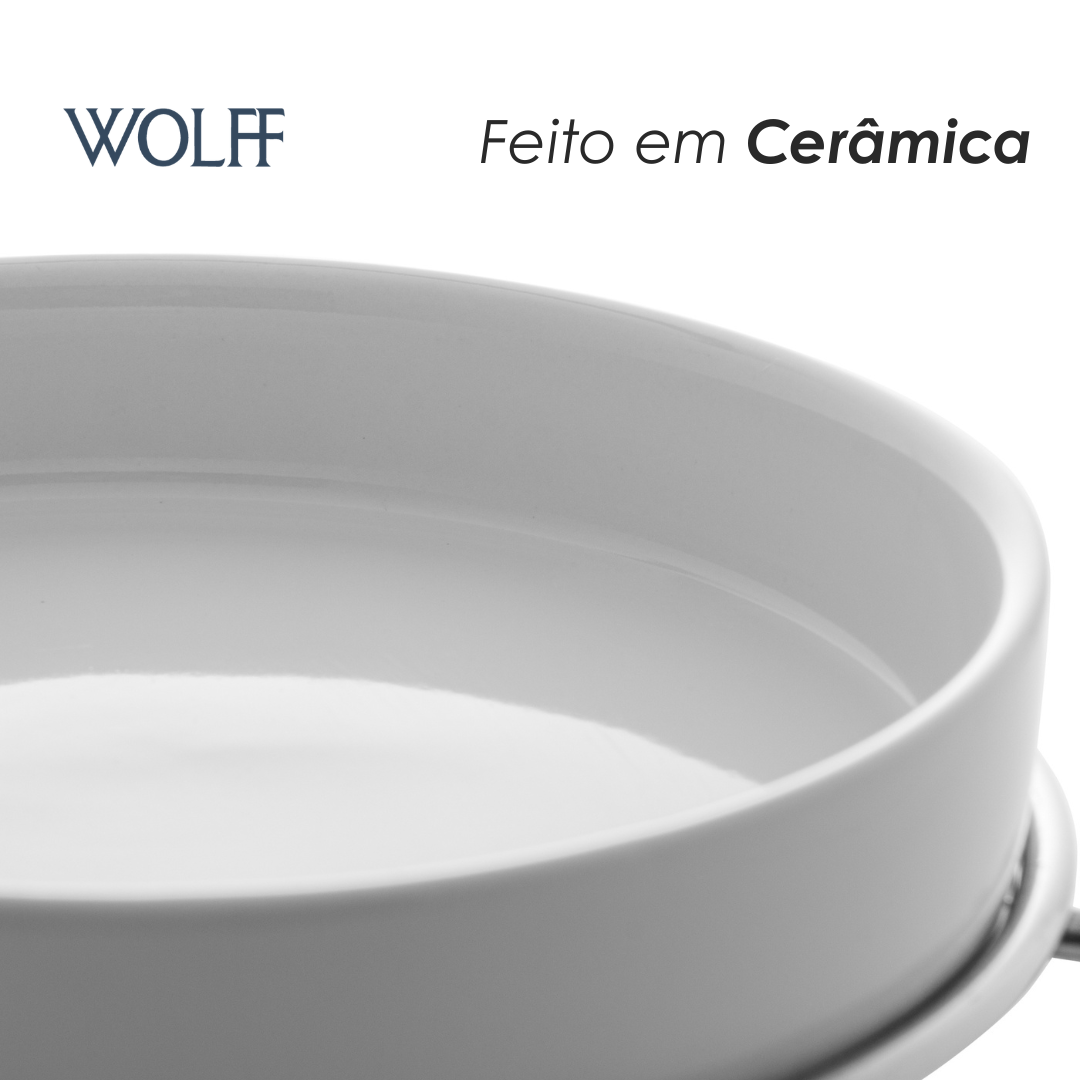 Conjunto 3 Peças Rechaud de Cerâmica para Queijo Brie com Faca Aço Inox e Base Niquelada - Wolff