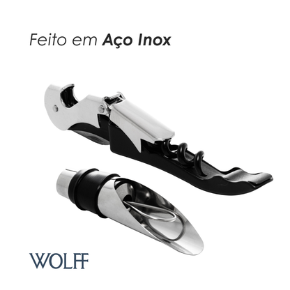 Conjunto Saca-Rolhas 2 Estágios de Aço Inox e Bico Dosador para Vinho - Wolff