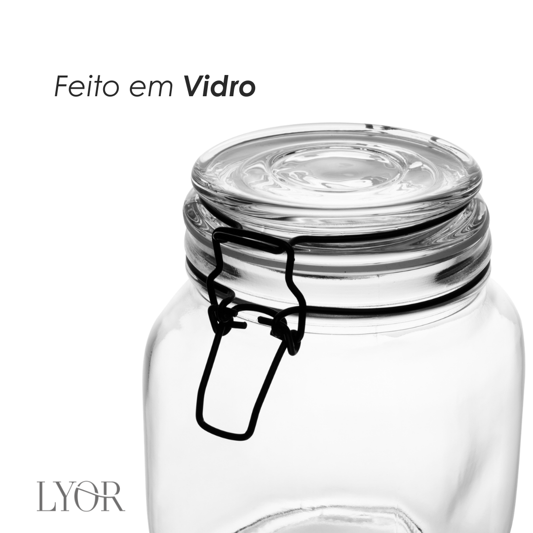 Pote Hermético de Vidro com Silicone e Clipe em Metal Vintage Preto 1L - Lyor
