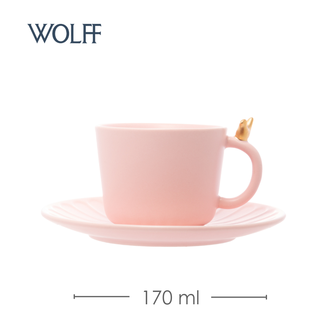 Conjunto 2 Xícaras de Chá de Cerâmica Colibri com Pires Rosa 170ml - Wolff