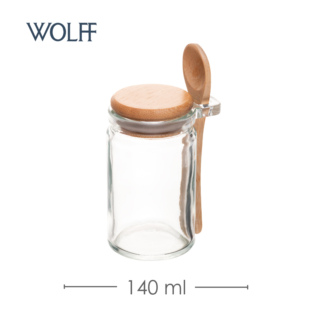 Porta Mantimentos Redondo com Colher e Tampa de Bambu 140ml Vidro - Wolff