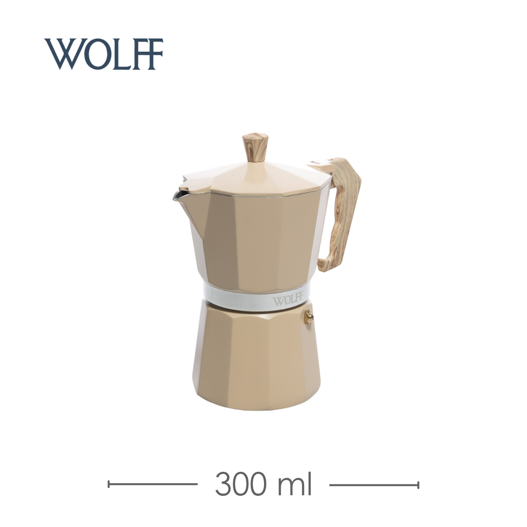 Cafeteira Italiana de Alumínio 6 Doses com Cabo em Plástico Bege Fosca 300ml - Wolff