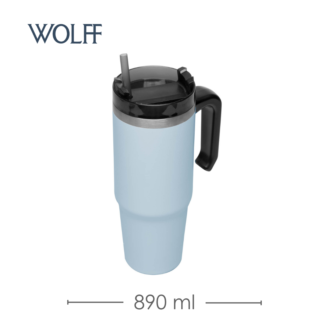 Copo Térmica Parede Dupla SlimTerm e Canudo Azul 890ml - Wolff