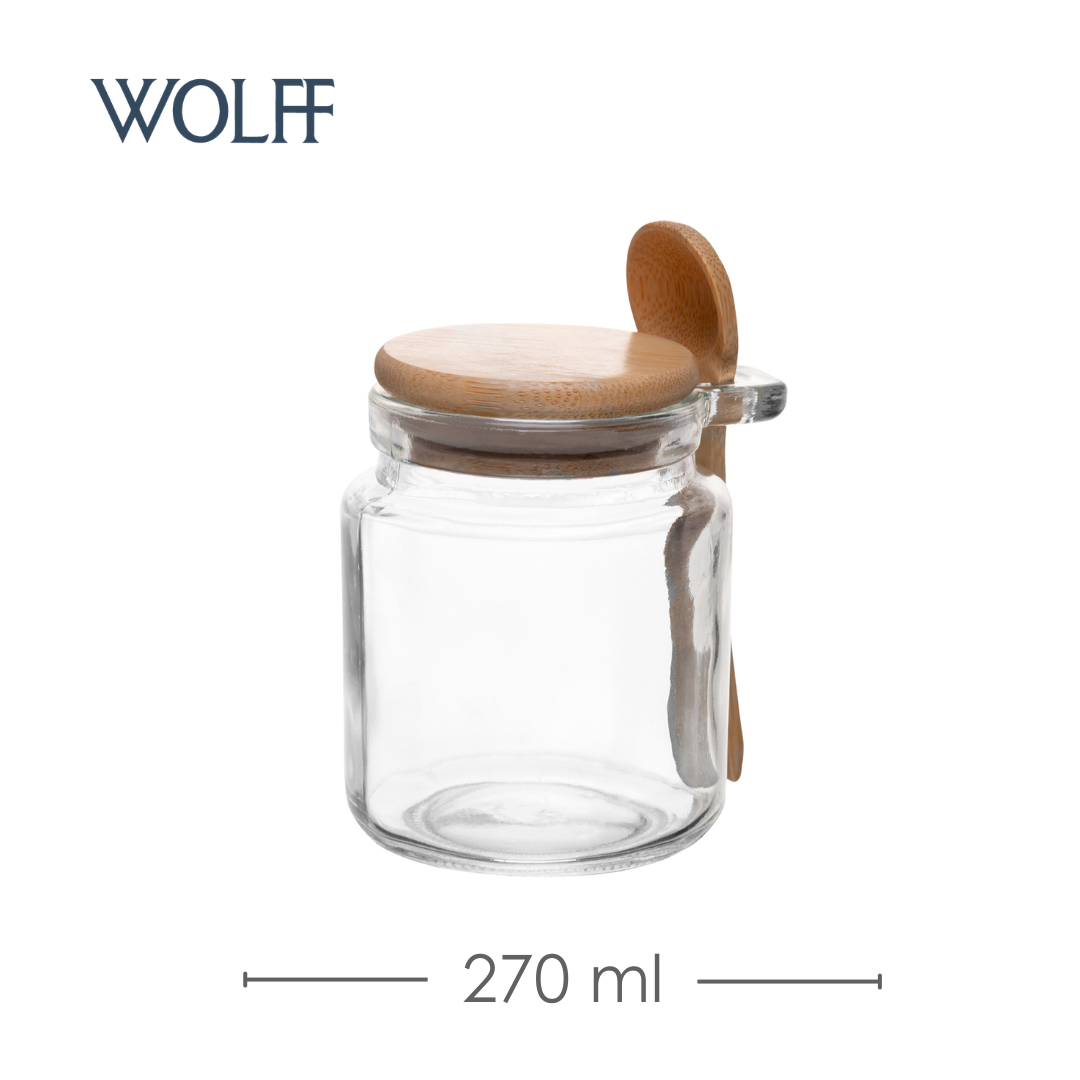Porta Mantimentos Redondo com Colher e Tampa de Bambu 270ml Vidro - Wolff