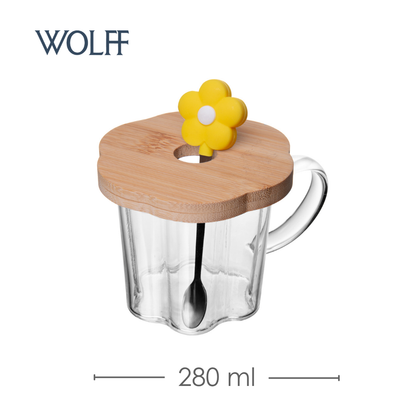 Xícara de Chá com Pires e Colher com Flor Amarela 280ml Vidro Borossilicato - Wolff