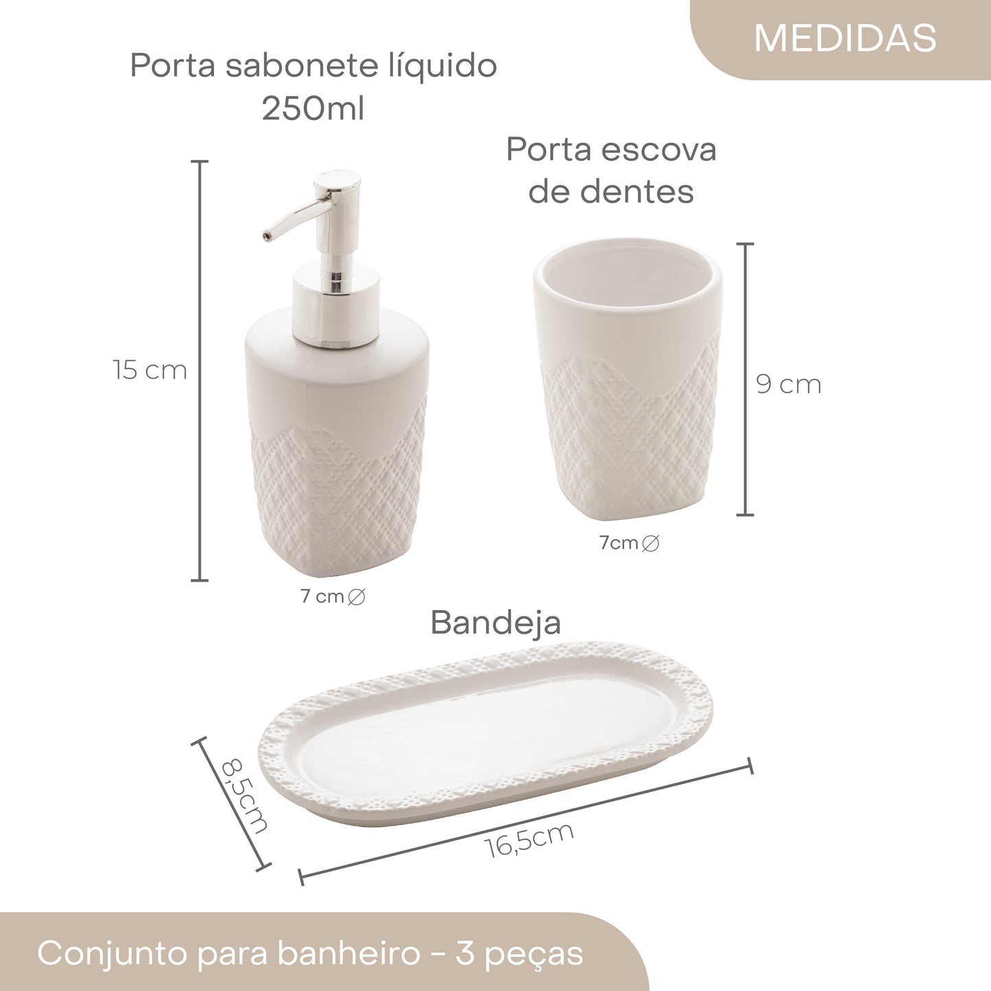 Conjunto 3 Peças para Banheiro de Cerâmica Summit Branco e Prata - Lyor