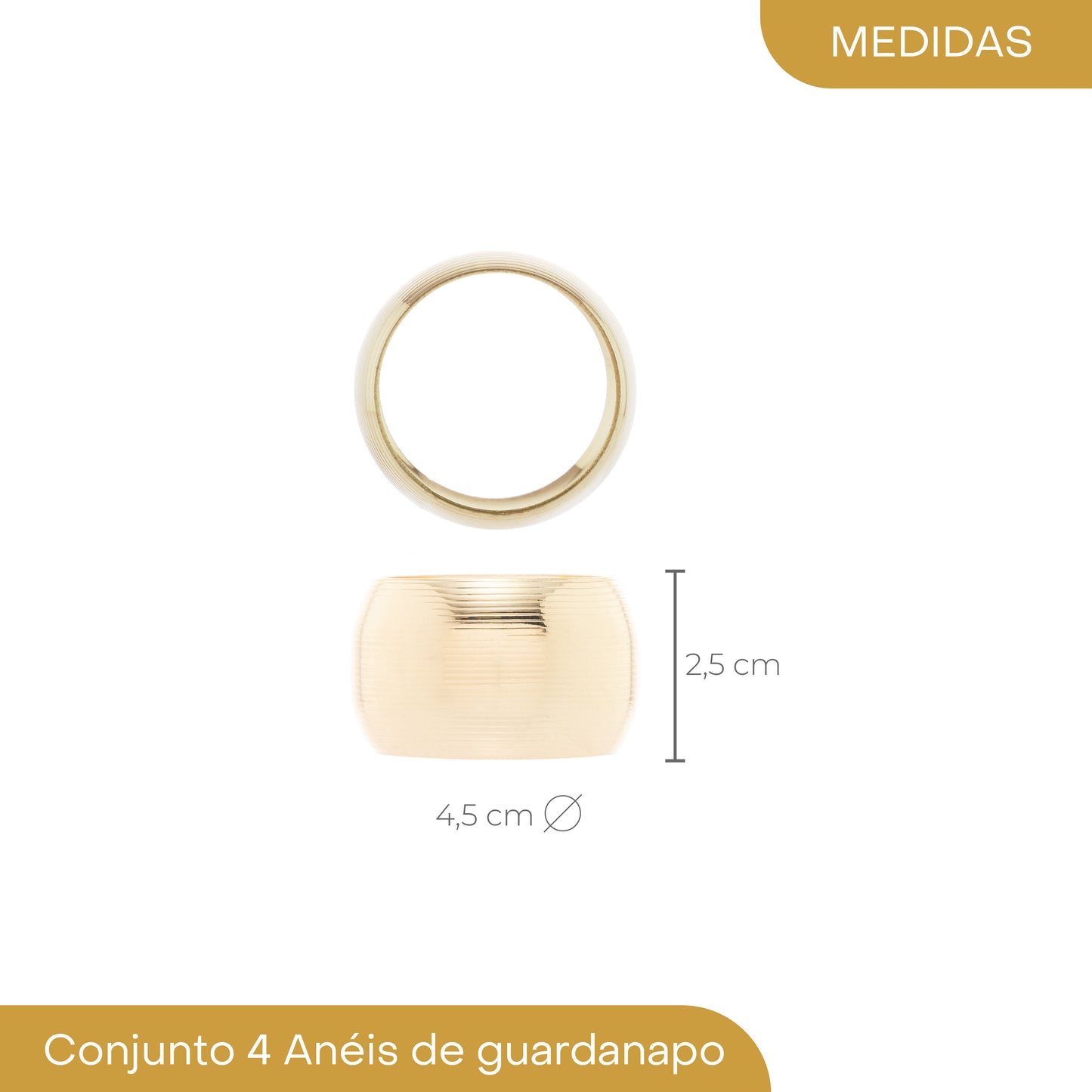 Conjunto 4 Anéis para Guardanapo de Aço Circle Dourado - Lyor