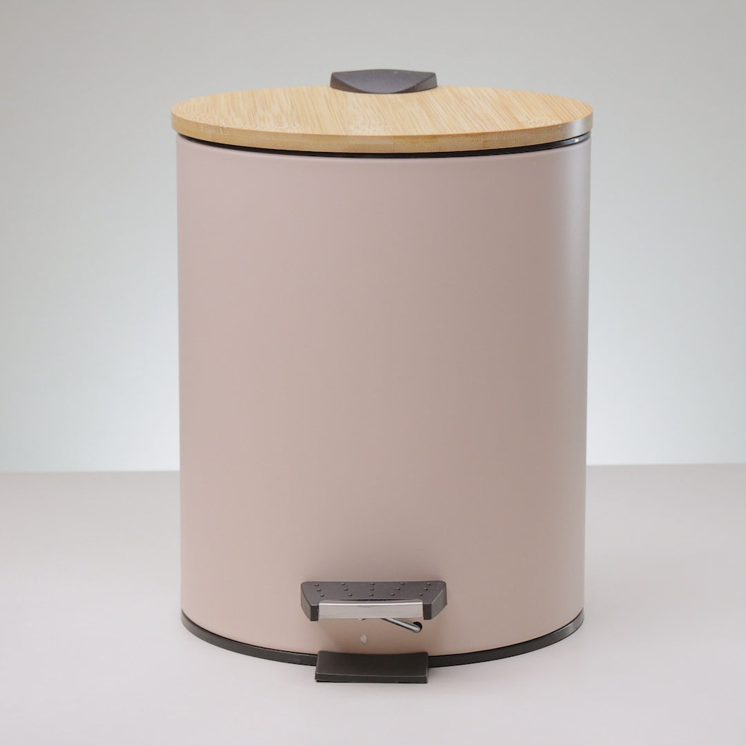 Lixeira Redonda com Tampa em Bambu e Pedal 5L Bege Aço Inox - Lyor