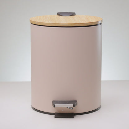 Lixeira Redonda com Tampa em Bambu e Pedal 5L Bege Aço Inox - Lyor