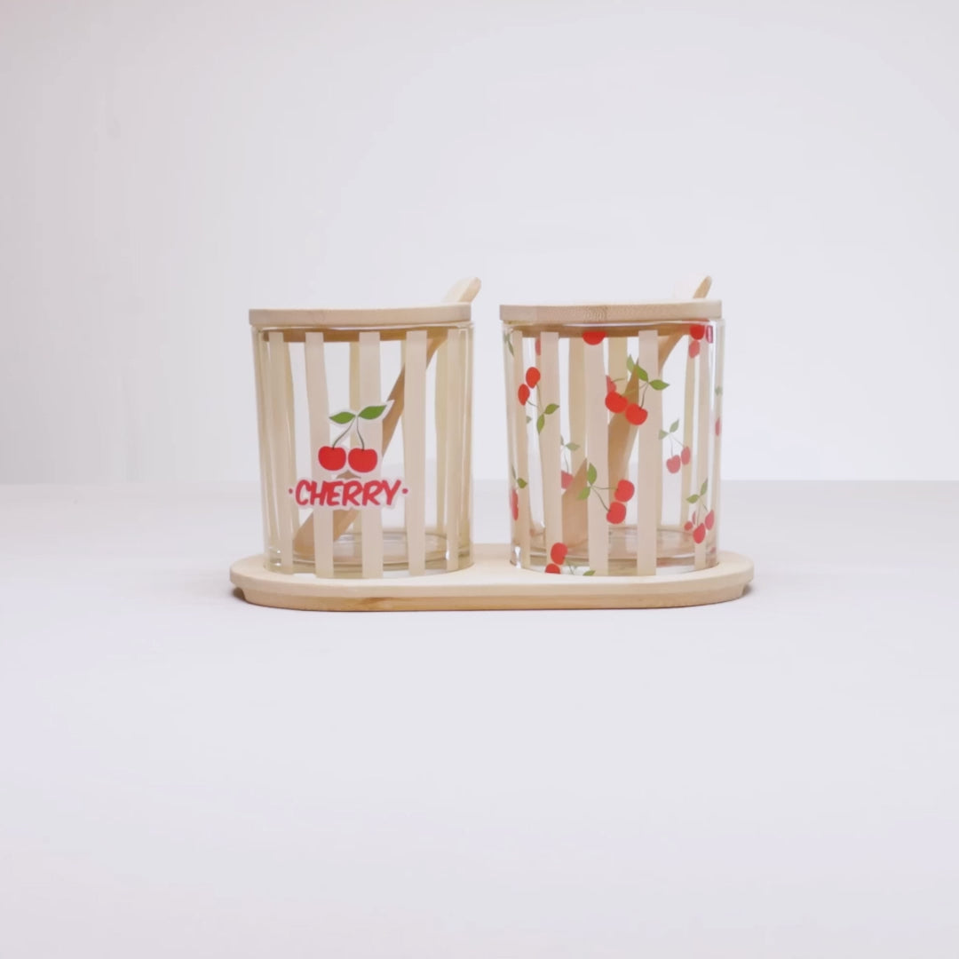 Conjunto 2 Potes de Vidro com colher e Bandeja Cherry 19 cm x 9,5cm x 10,5cm Bambu - Lyor