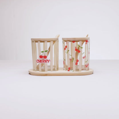 Conjunto 2 Potes de Vidro com colher e Bandeja Cherry 19 cm x 9,5cm x 10,5cm Bambu - Lyor