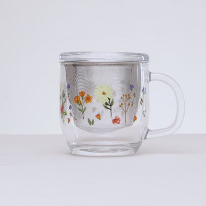 Caneca com Infusor e Tampa Primavera com Flores Amarelas 330ml Vidro - Lyor