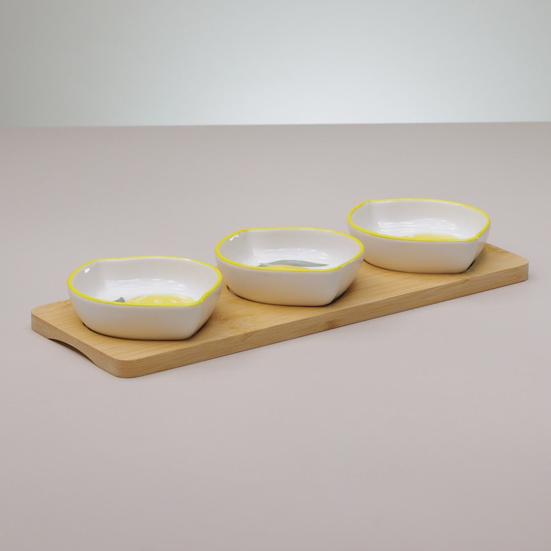 Conjunto 3 Petisqueiras de Cerâmica com Bandeja Siciliano em Bambu - Lyor