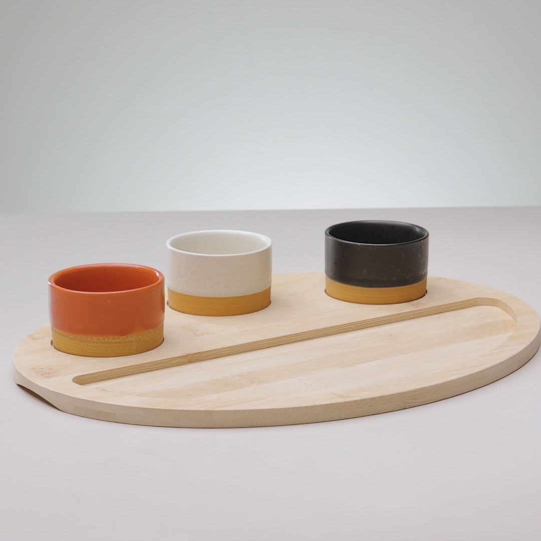 Conjunto 3 Petisqueiras com Bandeja de Bambu 33cm x 25cm x 4cm - Lyor