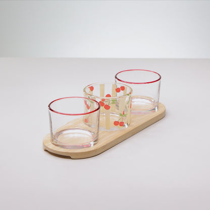 Conjunto 3 Petisqueira de Vidro com Bandeja Cherry 24cm x 8cm x 5,5cm Bambu - Lyor
