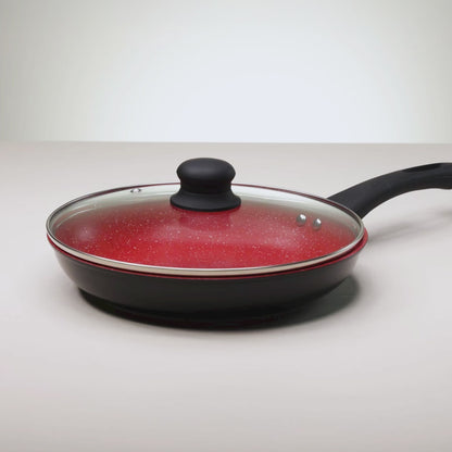 Frigideira de Indução Granito Chef Tampa de Vidro 24cm Vermelha Alumínio Revestimento Cerâmico Lyor