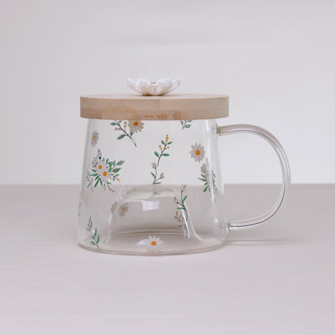 Caneca de Vidro Borossilicato  com Pires de Bambu Daisy 330ml - Lyor