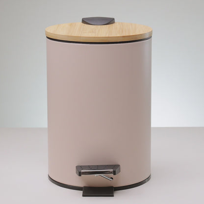 Lixeira Redonda com Tampa em Bambu e Pedal 3L Bege Aço Inox - Lyor