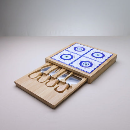 Conjunto 6 Peças para Queijo Tábua com Gaveta Greek 23 x 23 x 4cm Bambu - Lyor