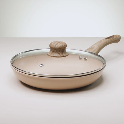 Frigideira de Indução Granito Chef Tampa de Vidro 24cm Bege Alumínio com Revestimento Cerâmico Lyor